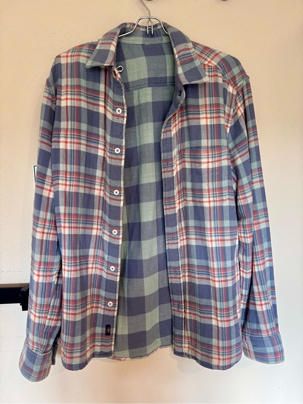 Blue and Gray Plaid Reversible Button-Up Shirt with Red Accents